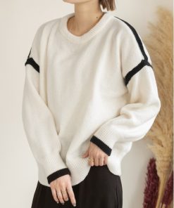 ad thie ニット セーター ゆったり・クルーネック 配色ラインデザインニット レディース