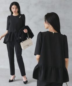 RUIRUE BOUTIQUE セットアップ ストレッチ オケージョンドレス 結婚式 | ヘム フリル トップス & ジャガード パンツ 卒業式 入学式 セレモニー