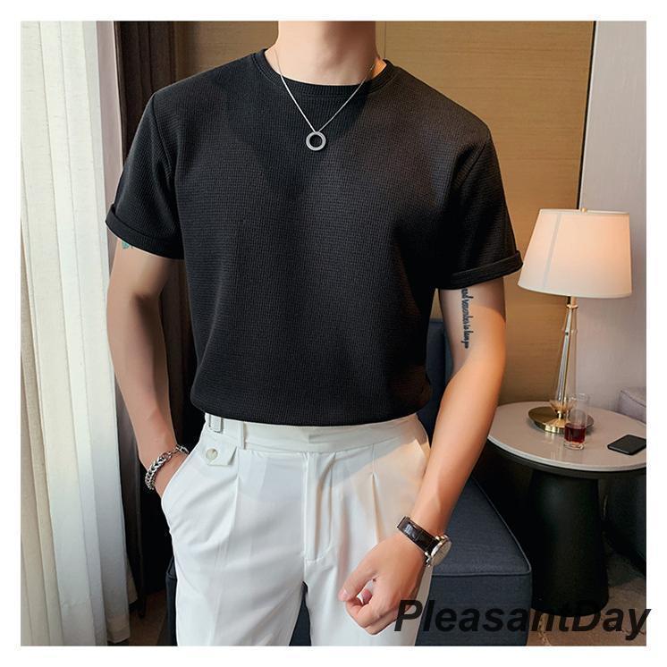 サマーニット メンズ ス クルーネック半袖ニット 半袖 無地 薄手 クルーネック Tシャツ ゴルフ シャツ キレイめ 夏 父の日 - 画像 (3)