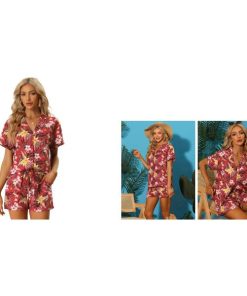 Allegra K ハワイアンシャツ ショーツセット トロピカル 夏 ビーチ 旅行 レディース レッドxL