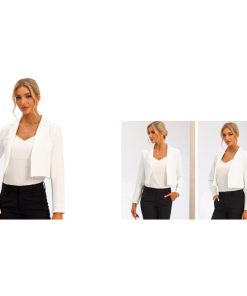 Allegra K クロップドブレザー 長袖ジャケット オープンフロント ノッチドラペル ビジネス レディース ホワイト S