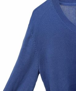 Abercrombie&Fitch アバクロンビーアンドフィッチ 薄手 ニット セーター Vネック ヘラジカの刺繍 長袖 ピマコットン100% 綿100% S ブルー 青 メンズ