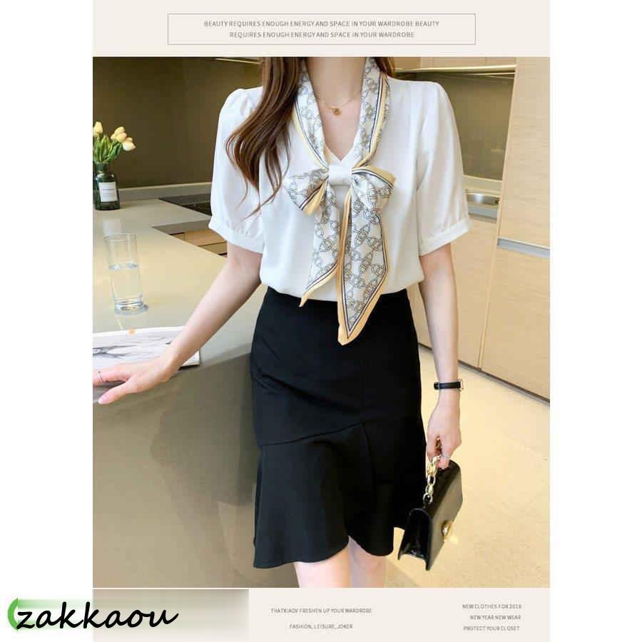 ブラウス レディース 40代 春夏新作 オシャレブラウス 白シフォンシャツ レースリボンネックブラウス 半袖トップス 通勤OL ゆったり 大人上品 50代 シャツ30代 - 画像 (2)