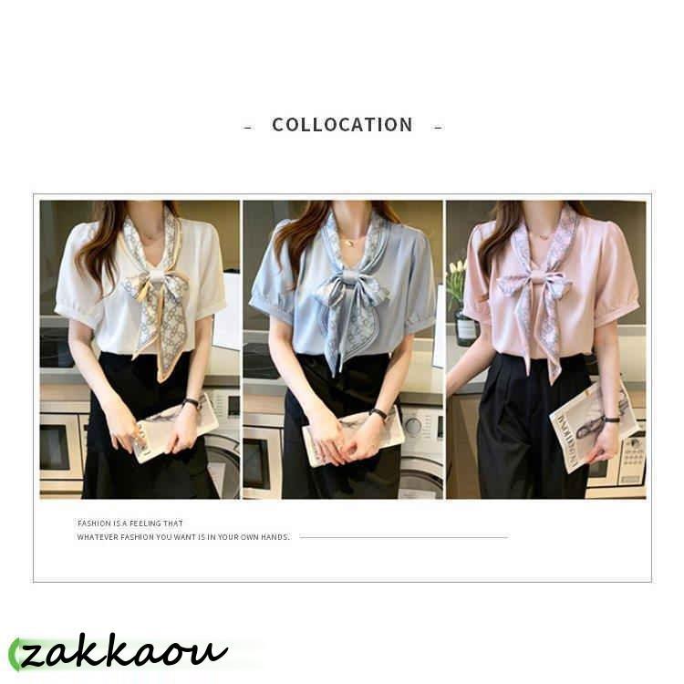 ブラウス レディース 40代 春夏新作 オシャレブラウス 白シフォンシャツ レースリボンネックブラウス 半袖トップス 通勤OL ゆったり 大人上品 50代 シャツ30代 - 画像 (3)