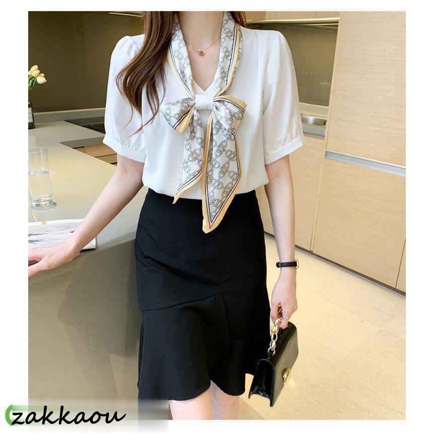 ブラウス レディース 40代 春夏新作 オシャレブラウス 白シフォンシャツ レースリボンネックブラウス 半袖トップス 通勤OL ゆったり 大人上品 50代 シャツ30代 - 画像 (5)