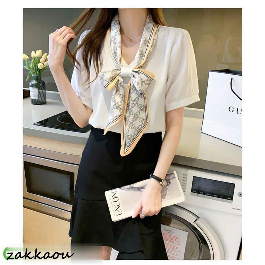 ブラウス レディース 40代 春夏新作 オシャレブラウス 白シフォンシャツ レースリボンネックブラウス 半袖トップス 通勤OL ゆったり 大人上品 50代 シャツ30代 - 画像 (6)