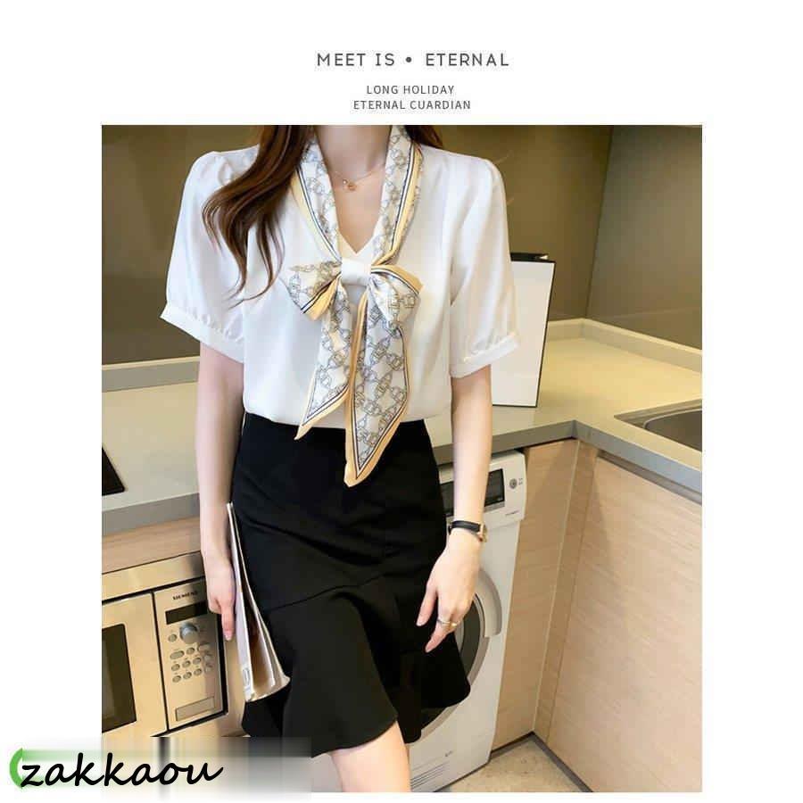 ブラウス レディース 40代 春夏新作 オシャレブラウス 白シフォンシャツ レースリボンネックブラウス 半袖トップス 通勤OL ゆったり 大人上品 50代 シャツ30代 - 画像 (8)