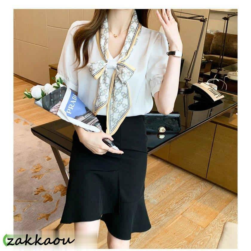 ブラウス レディース 40代 春夏新作 オシャレブラウス 白シフォンシャツ レースリボンネックブラウス 半袖トップス 通勤OL ゆったり 大人上品 50代 シャツ30代 - 画像 (9)